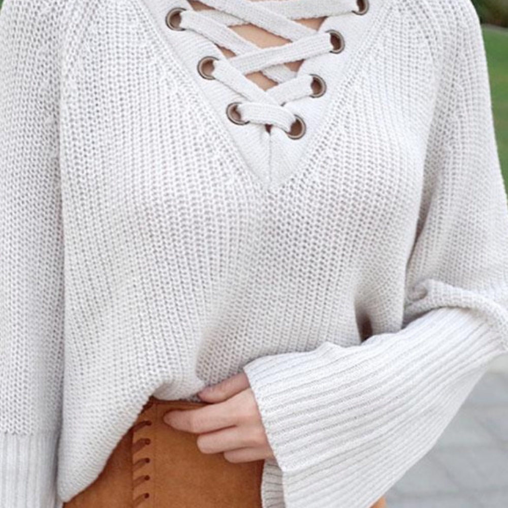 Bellflower Sleeve Rib Lace Up Cream Sweater - Picture 5 of 6